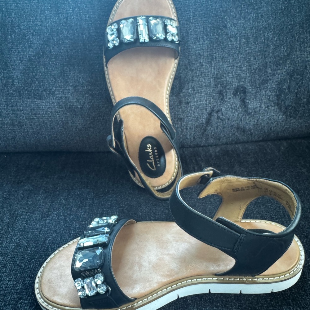 Clarks Black Sandals with Crystal Embellishments